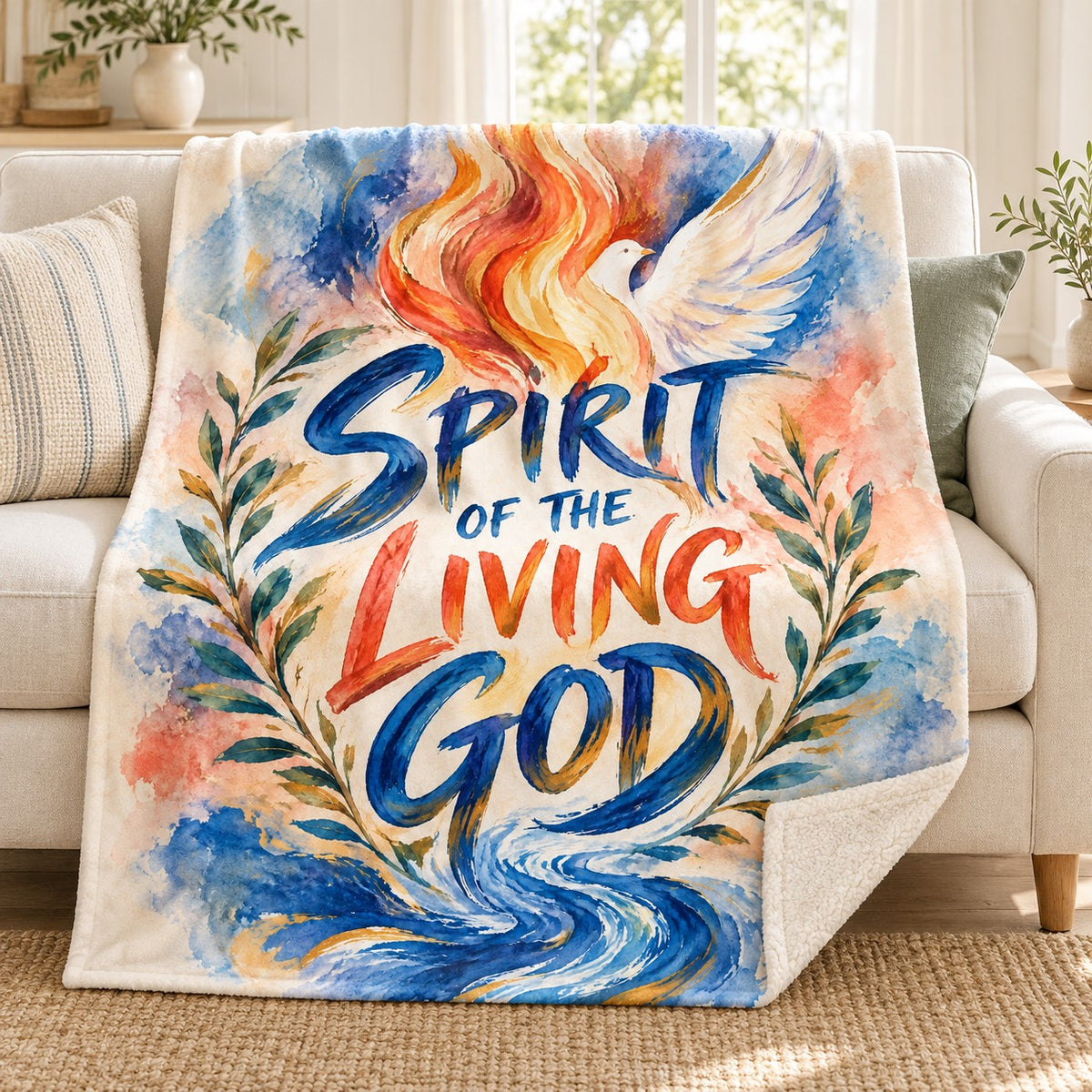 Spirit of the Living God blanket, on a sofa