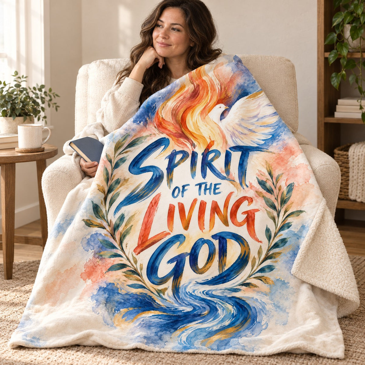 Spirit of the Living God blanket, wrapped around a reader