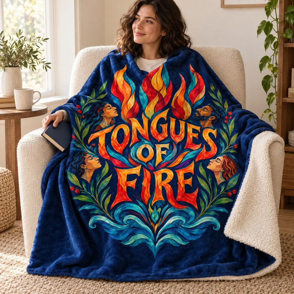 Tongues of Fire blanket, wrapped around a reader