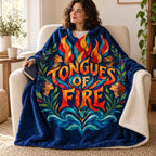 Tongues of Fire blanket, wrapped around a reader