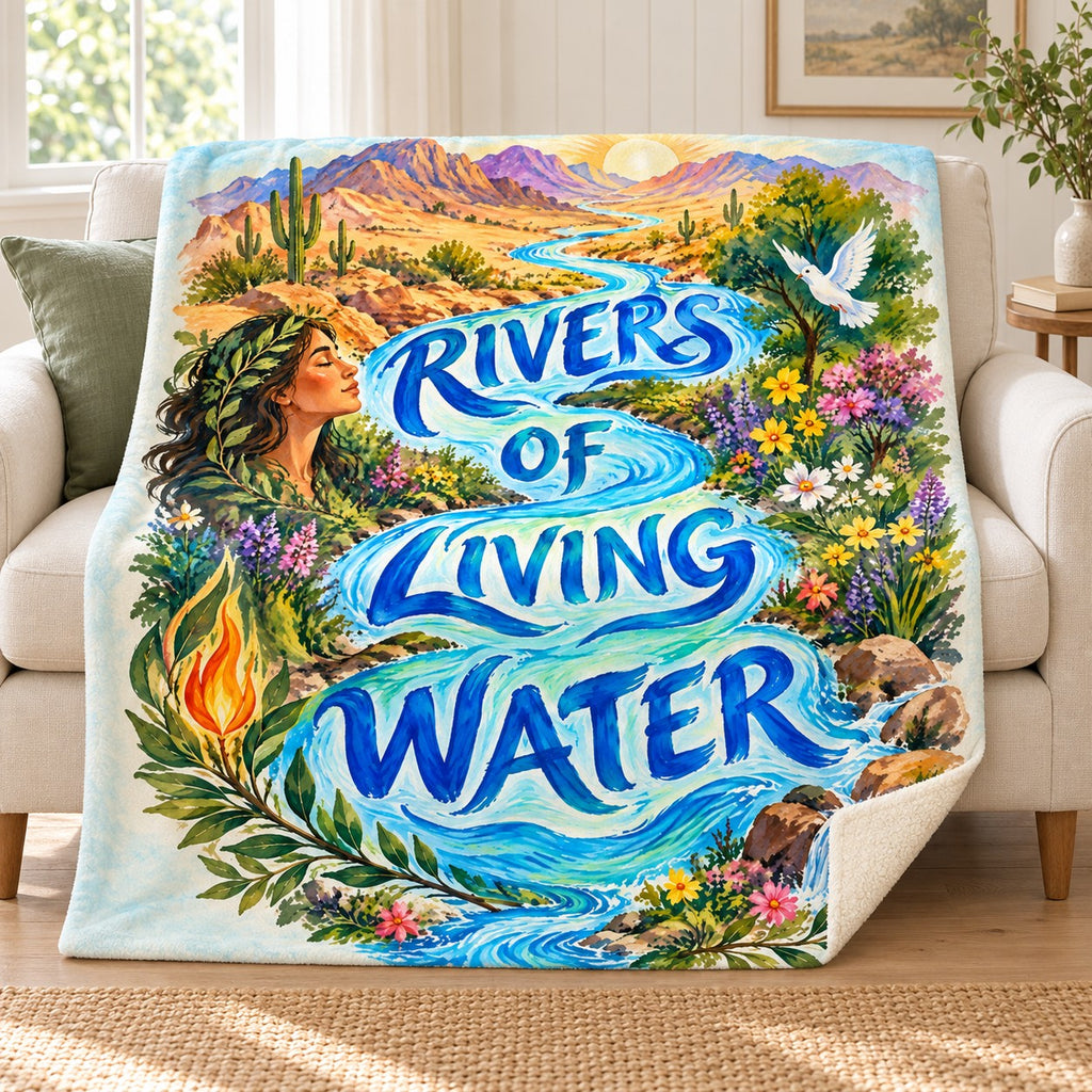 Rivers of Living Water blanket, on a sofa
