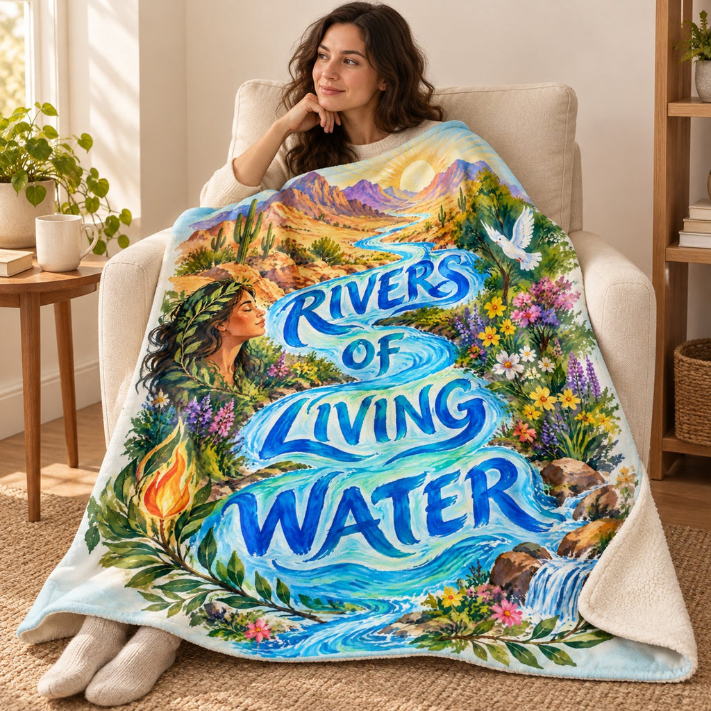 Rivers of Living Water blanket, wrapped around a reader