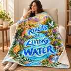 Rivers of Living Water blanket, wrapped around a reader