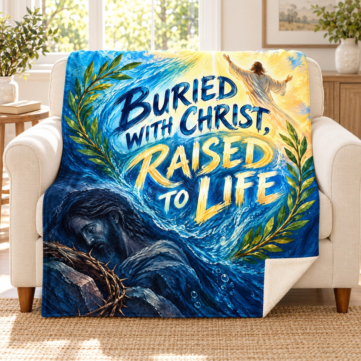 Buried with Christ, Raised to Life blanket, on a sofa