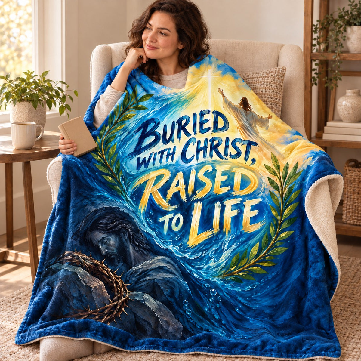 Buried with Christ, Raised to Life blanket, wrapped around a reader