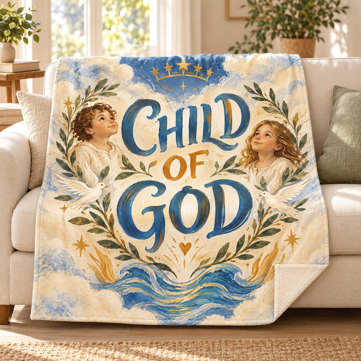 Child of God blanket, on a sofa