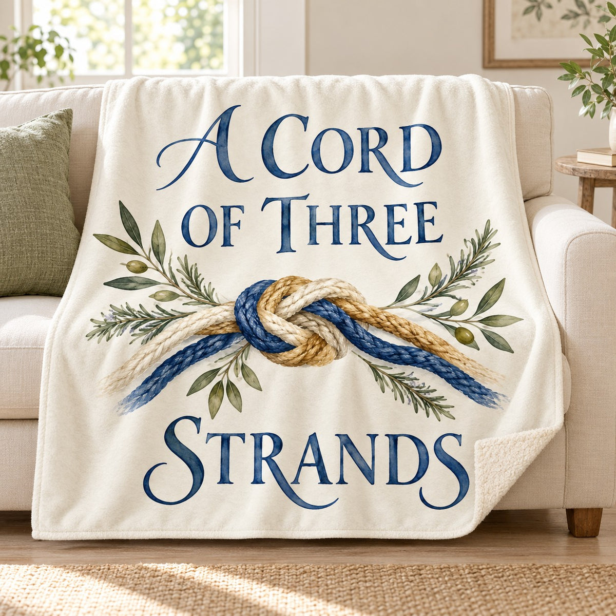 A Cord of Three Strands blanket, on a sofa