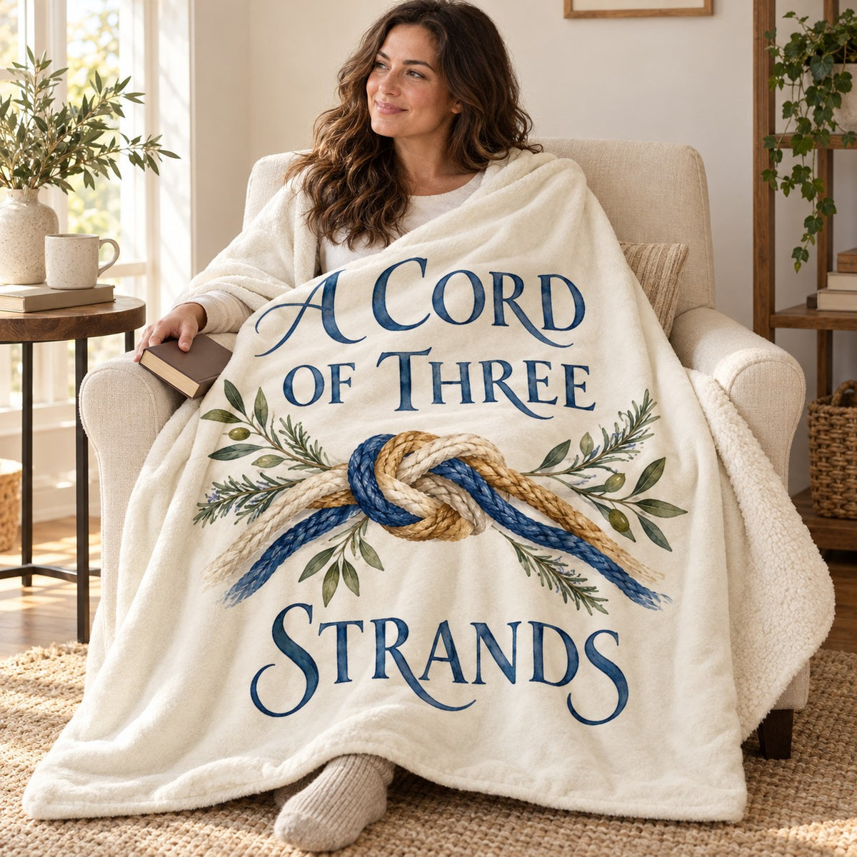 A Cord of Three Strands blanket, wrapped around a reader