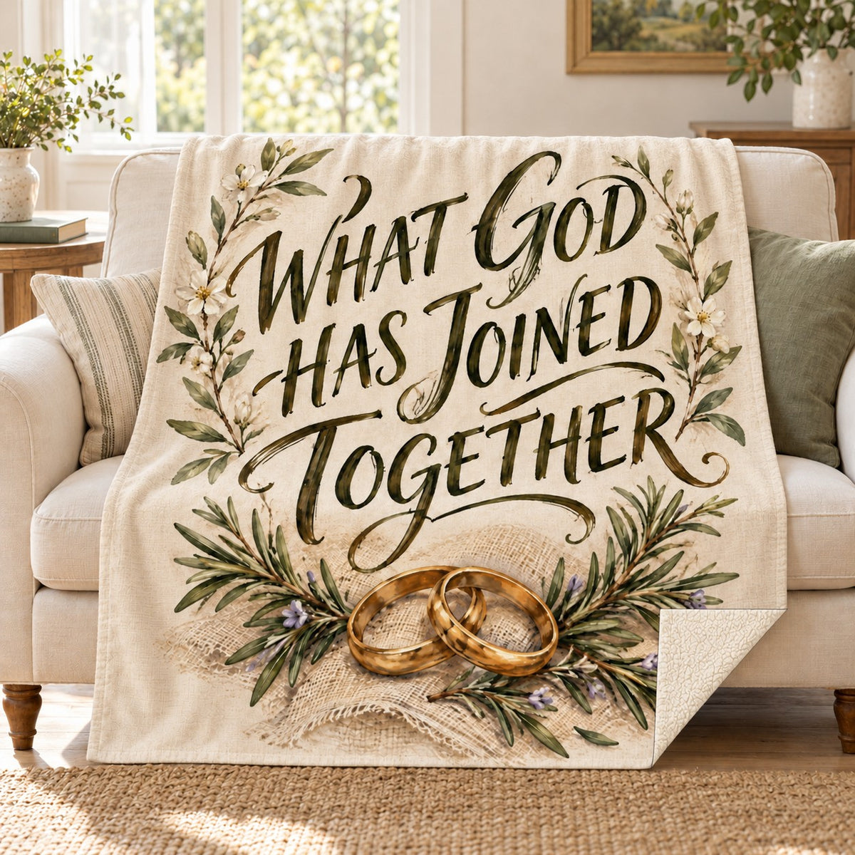 What God Has Joined Together blanket, on a sofa
