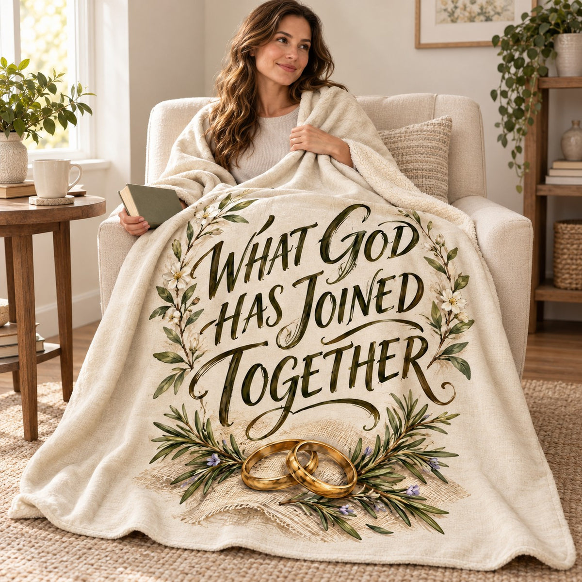 What God Has Joined Together blanket, wrapped around a reader