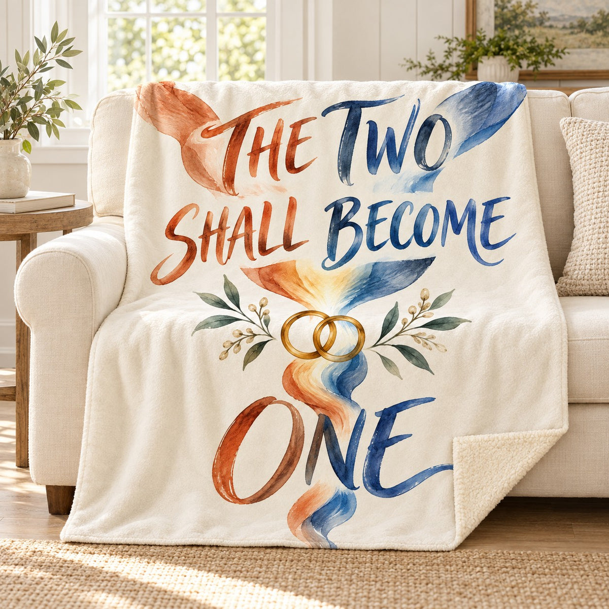 The Two Shall Become One blanket, on a sofa
