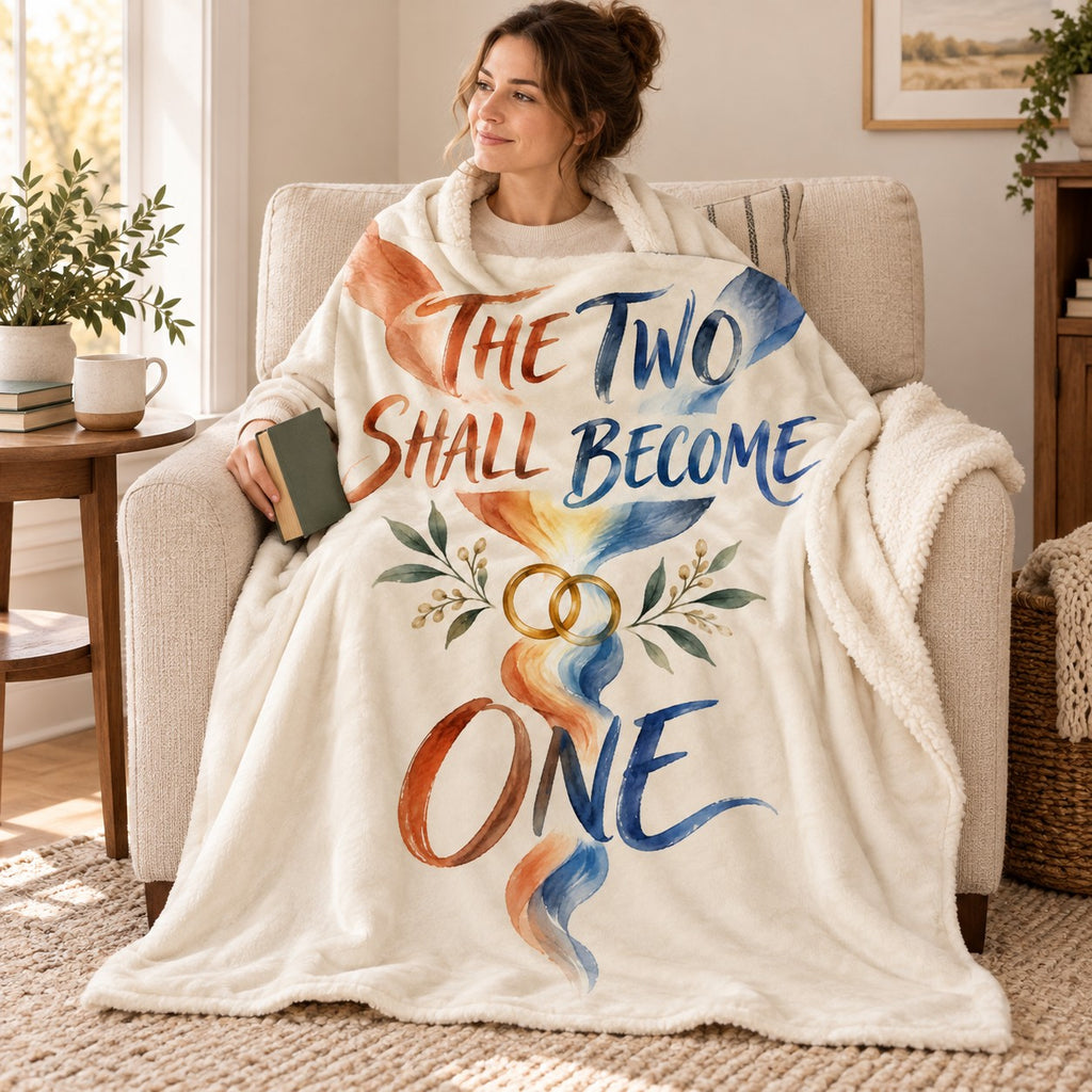 The Two Shall Become One blanket, wrapped around a reader