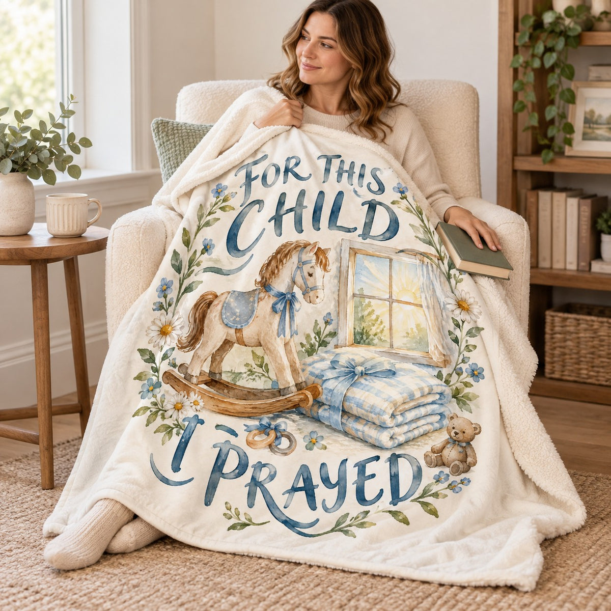 For This Child I Prayed blanket, wrapped around a reader