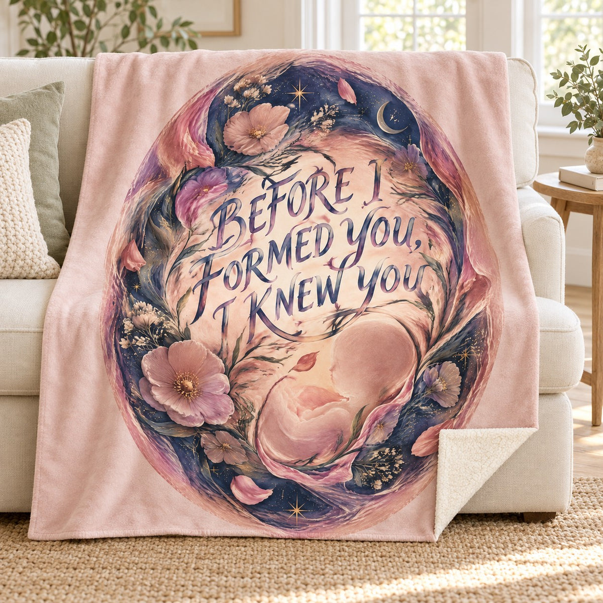 Before I Formed You, I Knew You blanket, on a sofa