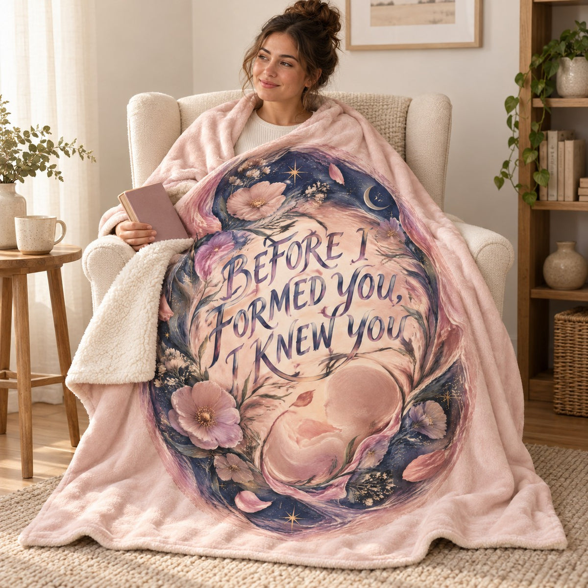 Before I Formed You, I Knew You blanket, wrapped around a reader