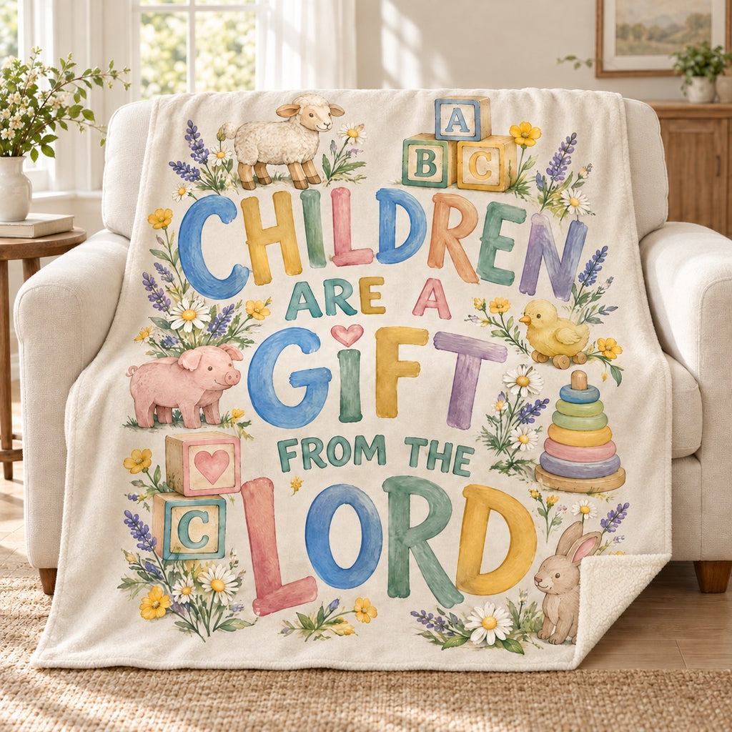 Children Are a Gift from the Lord blanket, on a sofa