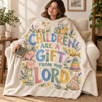 Children Are a Gift from the Lord blanket, wrapped around a reader