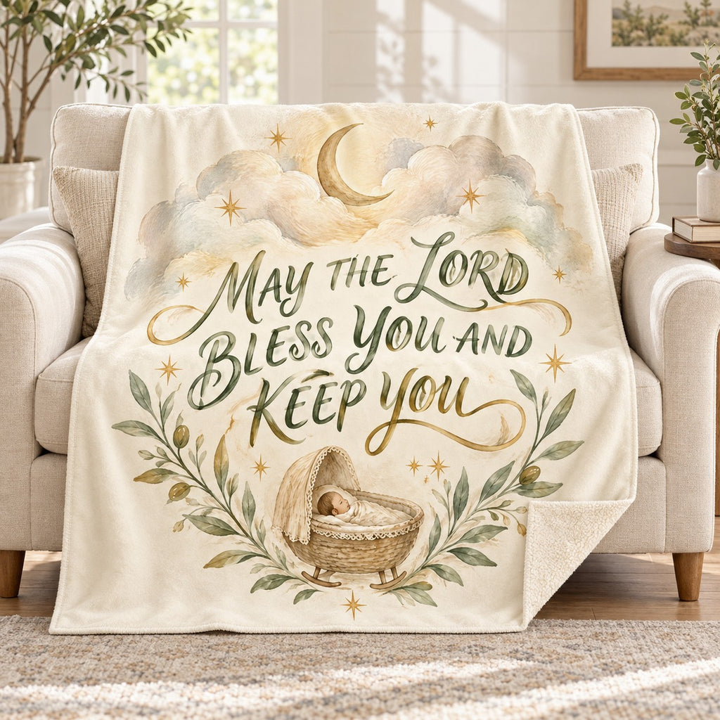 May the Lord Bless You and Keep You blanket, on a sofa