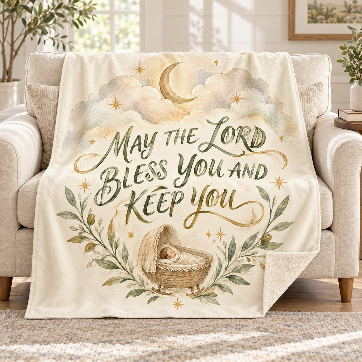 May the Lord Bless You and Keep You blanket, on a sofa
