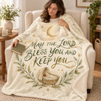 May the Lord Bless You and Keep You blanket, wrapped around a reader