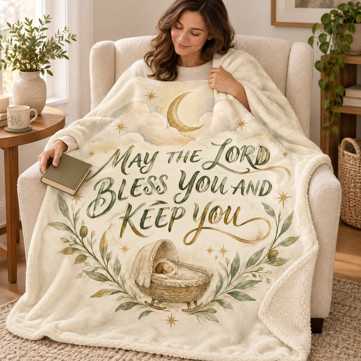May the Lord Bless You and Keep You blanket, wrapped around a reader