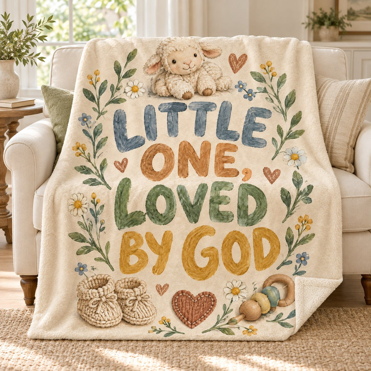 Little One, Loved by God blanket, on a sofa