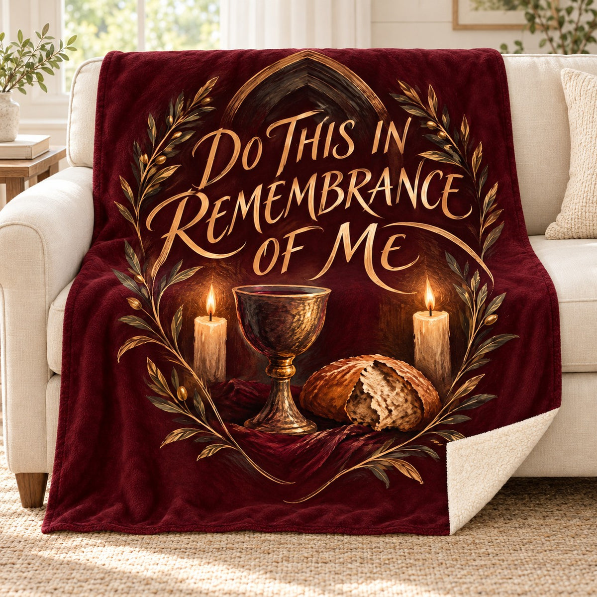 Do This in Remembrance of Me blanket, on a sofa