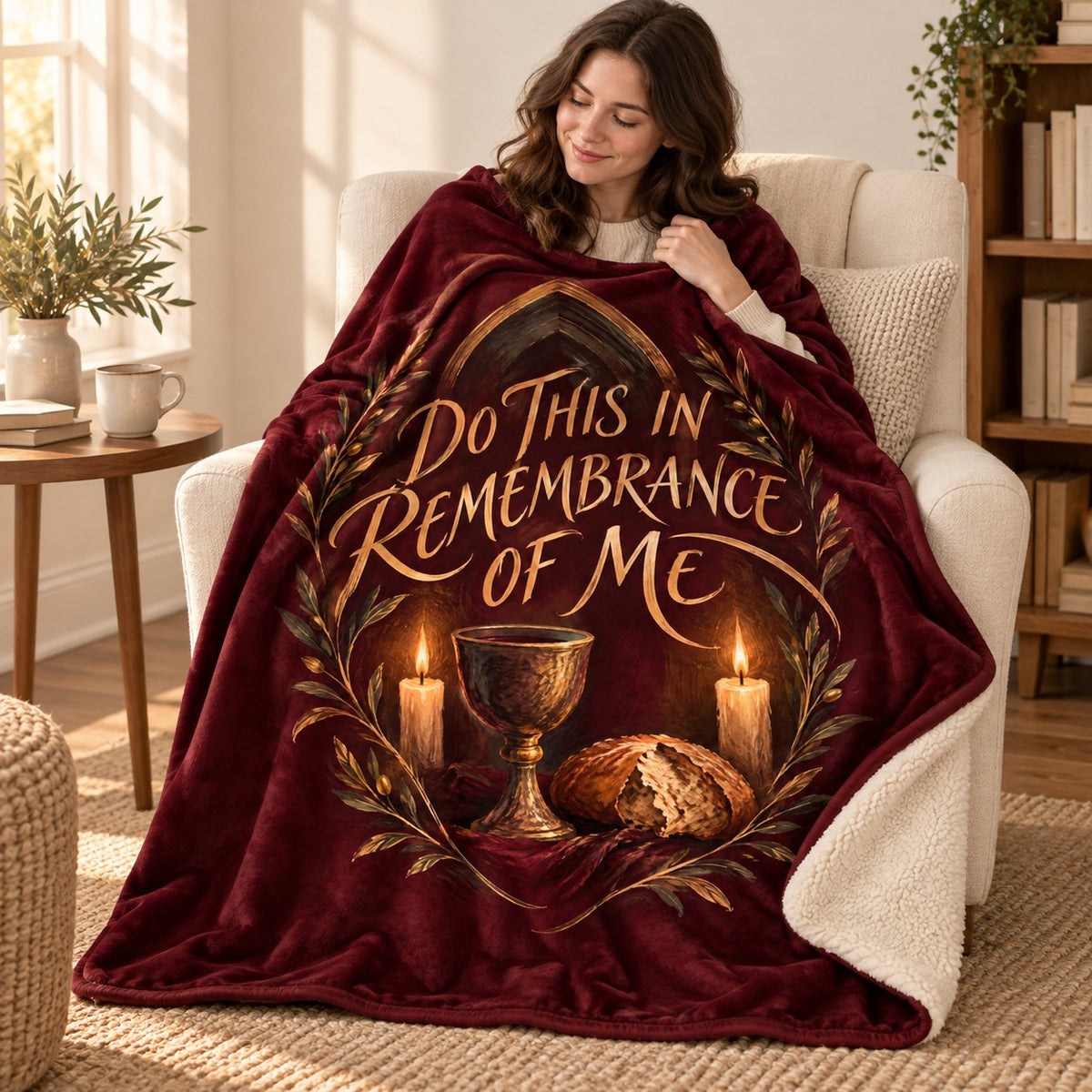 Do This in Remembrance of Me blanket, wrapped around a reader