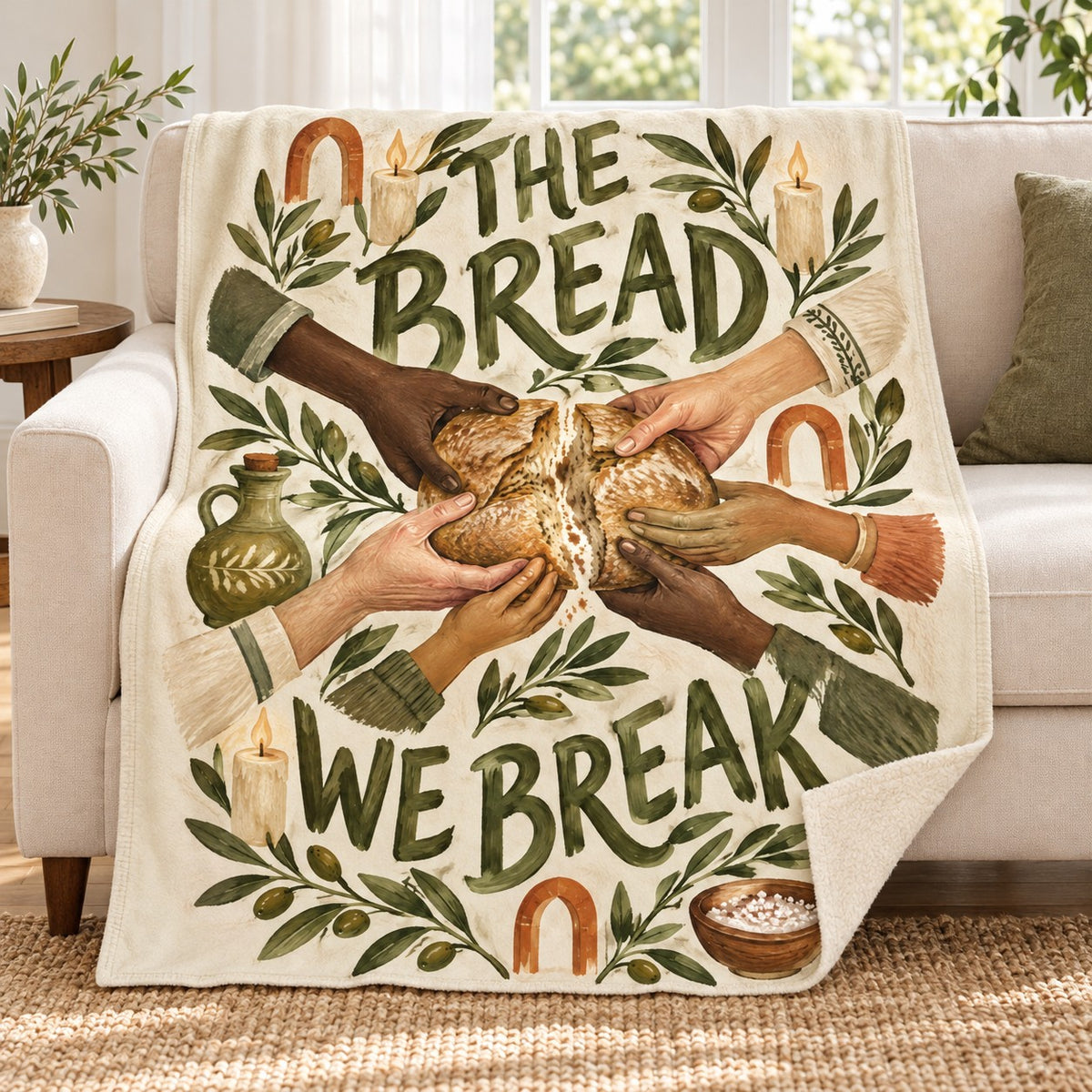 The Bread We Break blanket, on a sofa