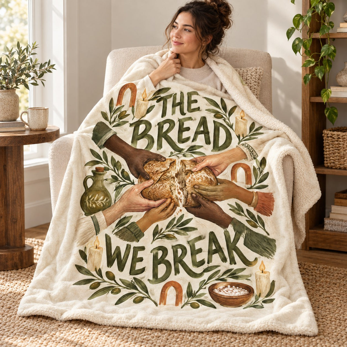 The Bread We Break blanket, wrapped around a reader