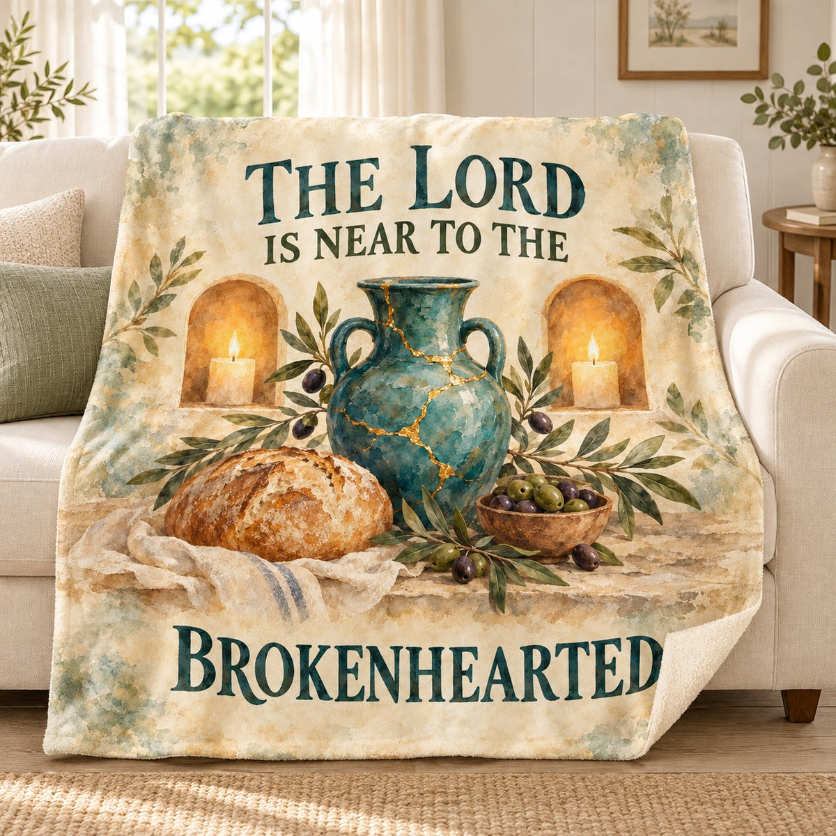 The Lord Is Near to the Brokenhearted blanket, on a sofa