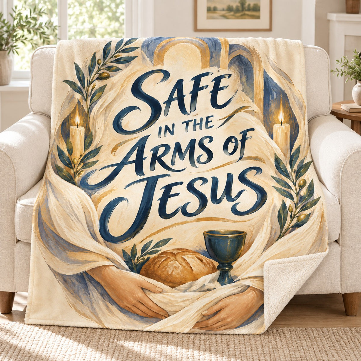 Safe in the Arms of Jesus blanket, on a sofa