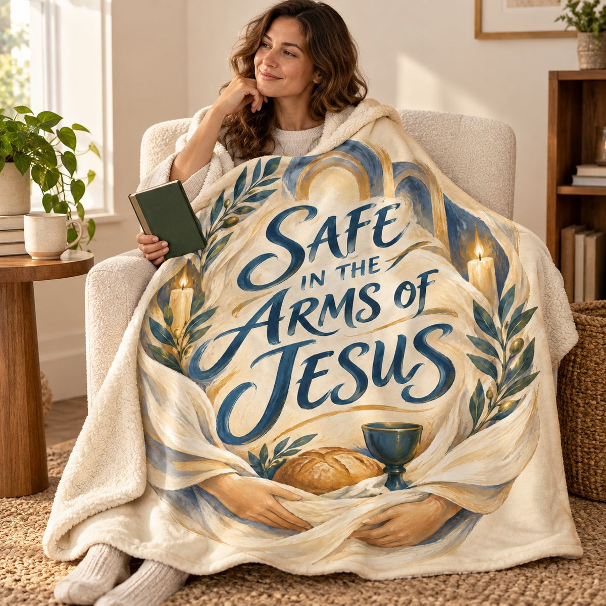 Safe in the Arms of Jesus blanket, wrapped around a reader