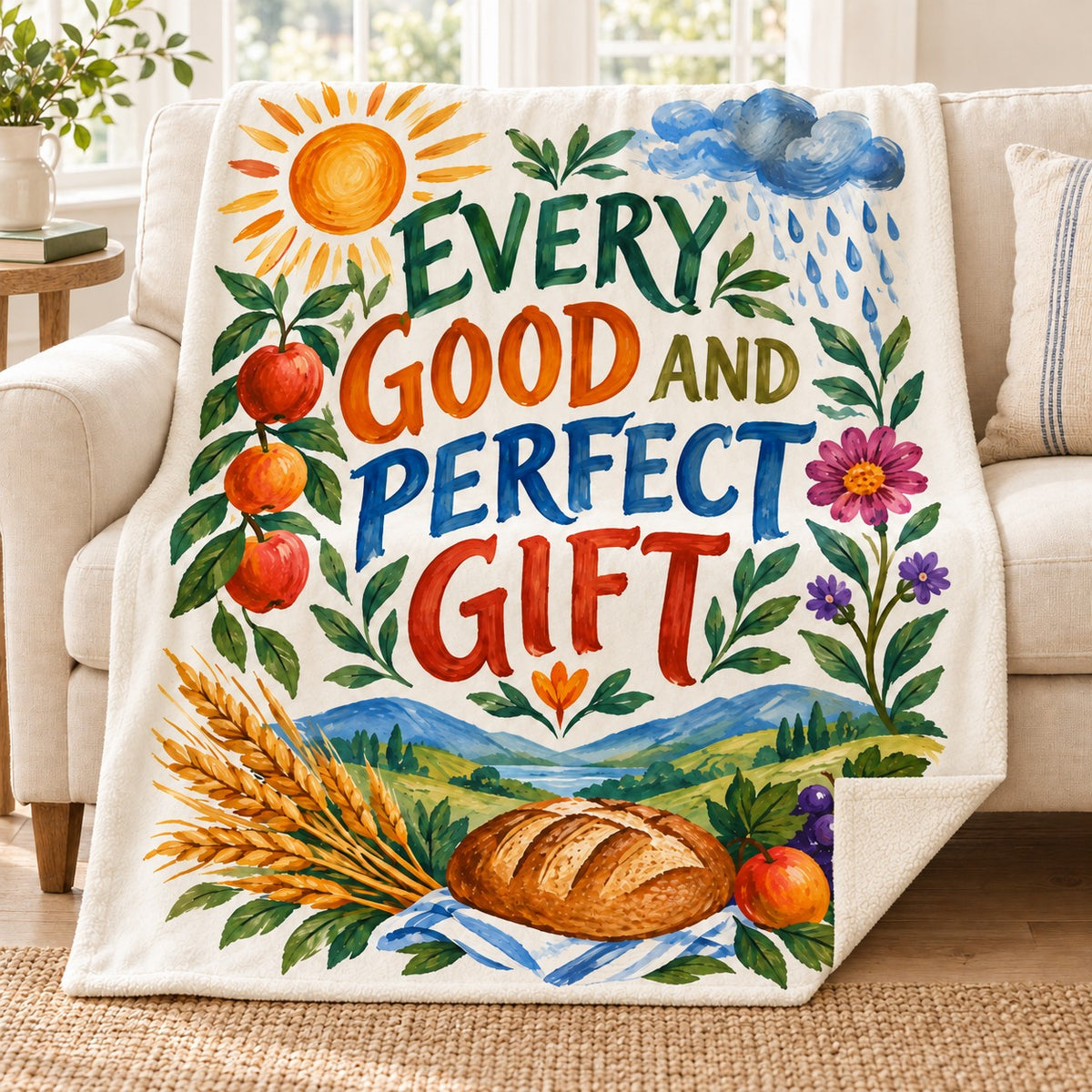 Every Good and Perfect Gift blanket, on a sofa