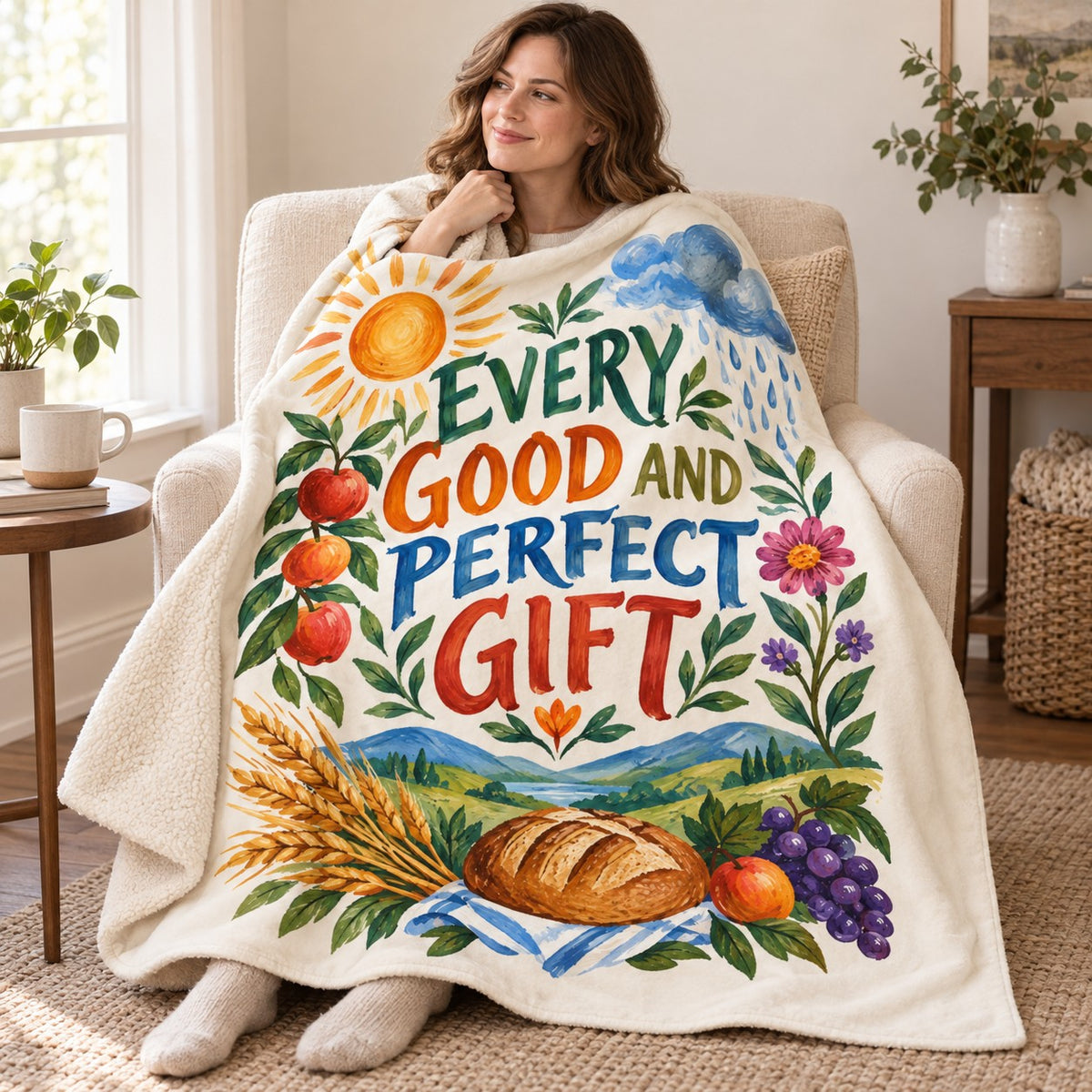 Every Good and Perfect Gift blanket, wrapped around a reader