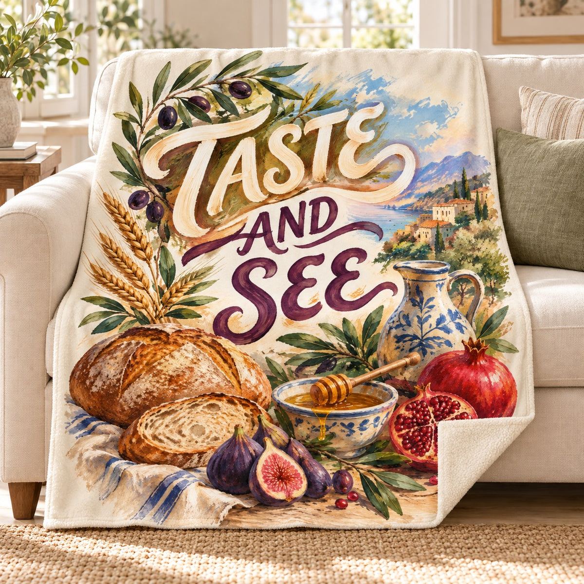 Taste and See blanket, on a sofa