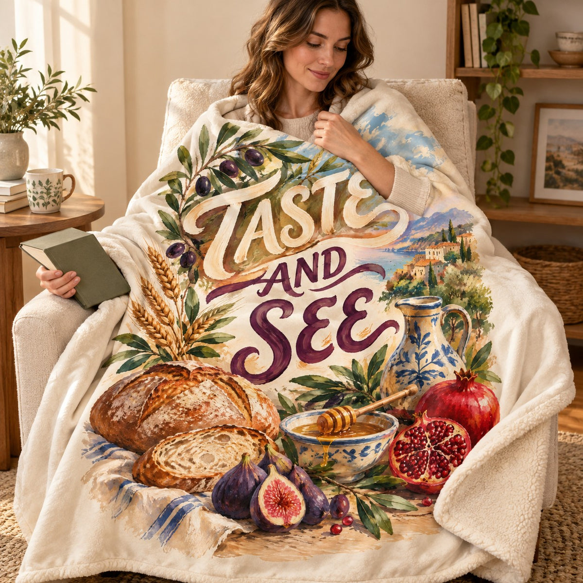 Taste and See blanket, wrapped around a reader