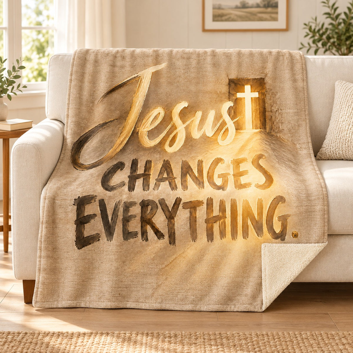 Jesus Changes Everything blanket, on a sofa