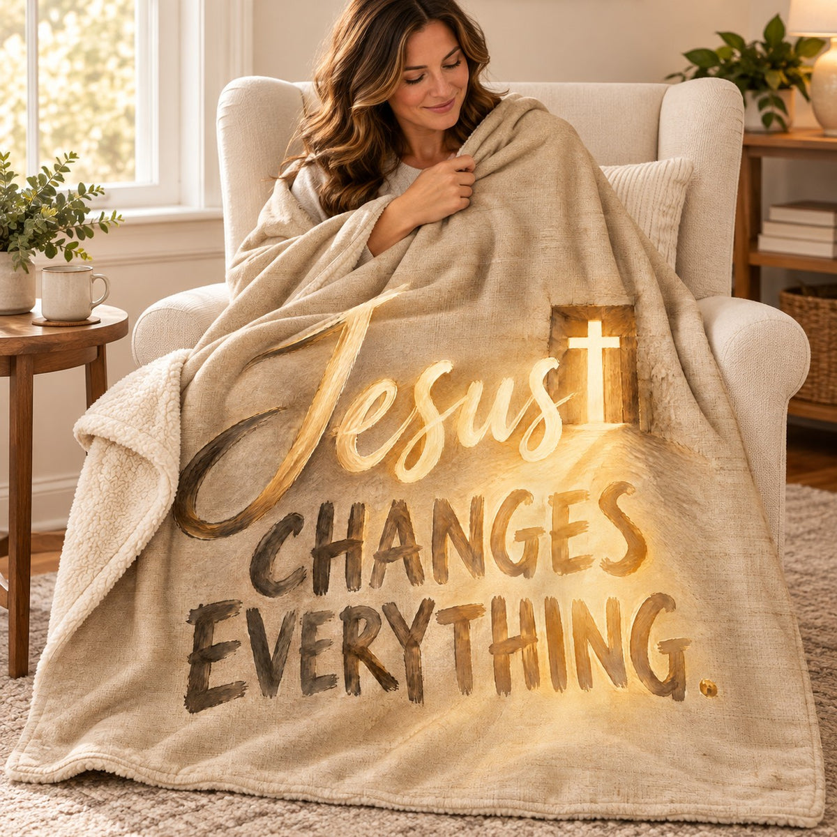 Jesus Changes Everything blanket, wrapped around a reader