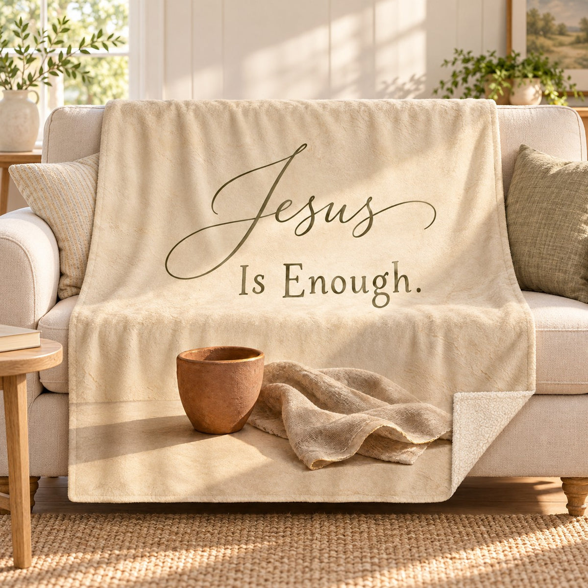 Jesus Is Enough blanket, on a sofa