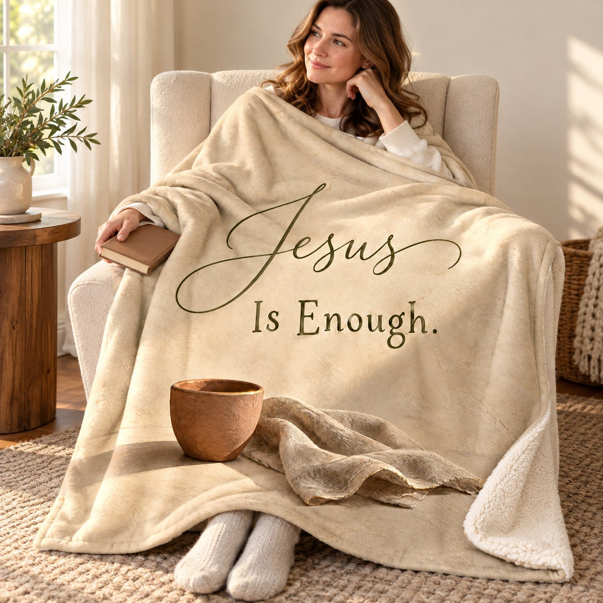 Jesus Is Enough blanket, wrapped around a reader