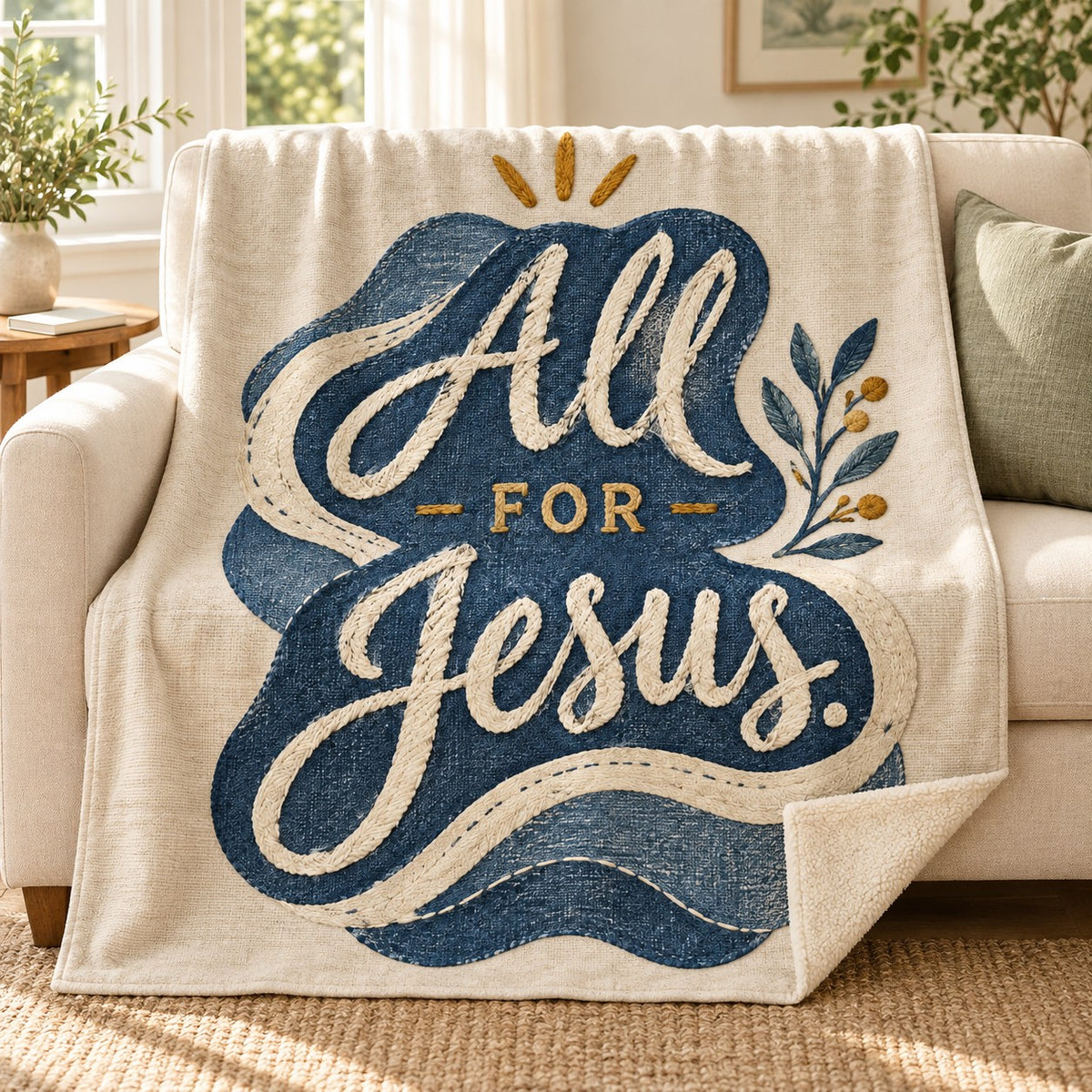 All for Jesus blanket, on a sofa
