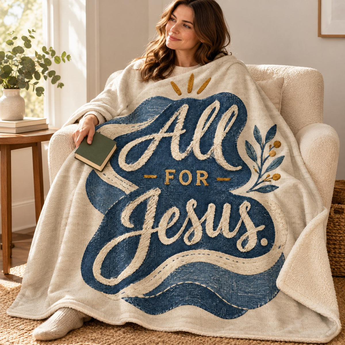 All for Jesus blanket, wrapped around a reader