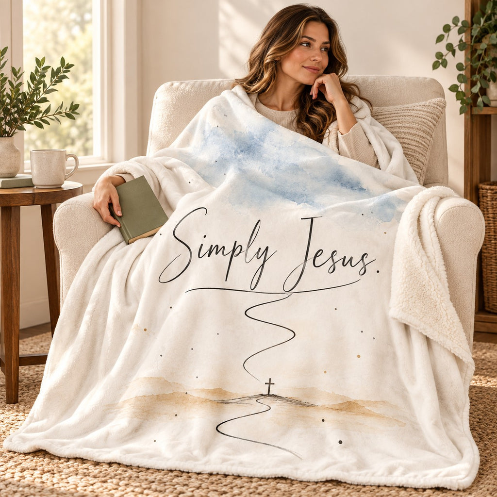 Simply Jesus blanket, wrapped around a reader