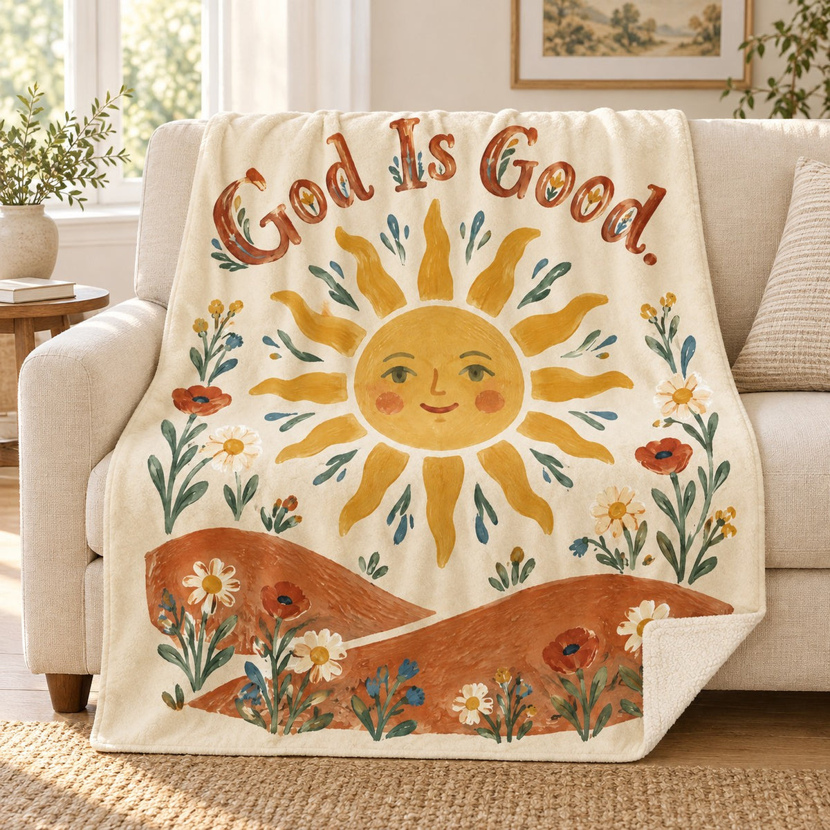 God Is Good blanket, on a sofa