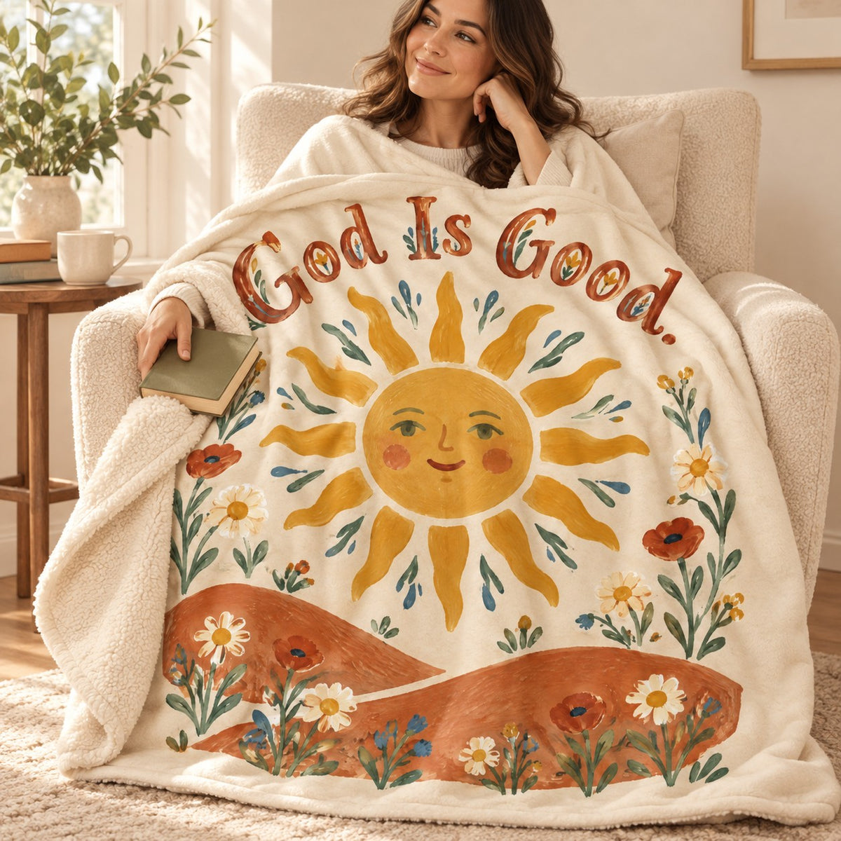 God Is Good blanket, wrapped around a reader