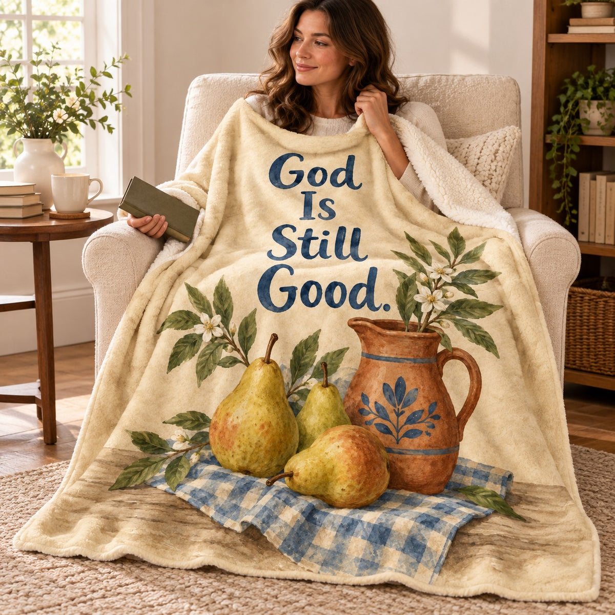 God Is Still Good blanket, wrapped around a reader