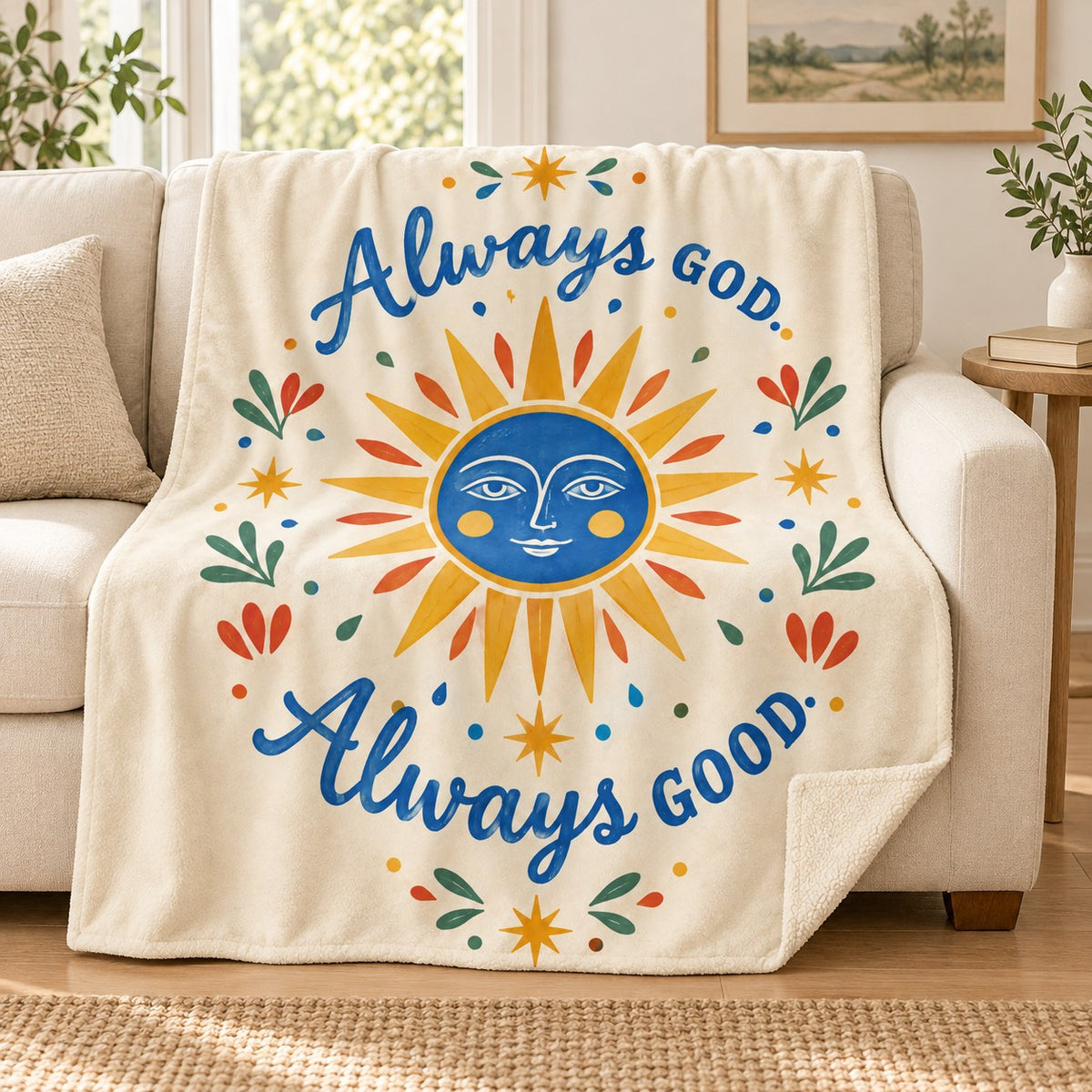 Always God. Always Good blanket, on a sofa