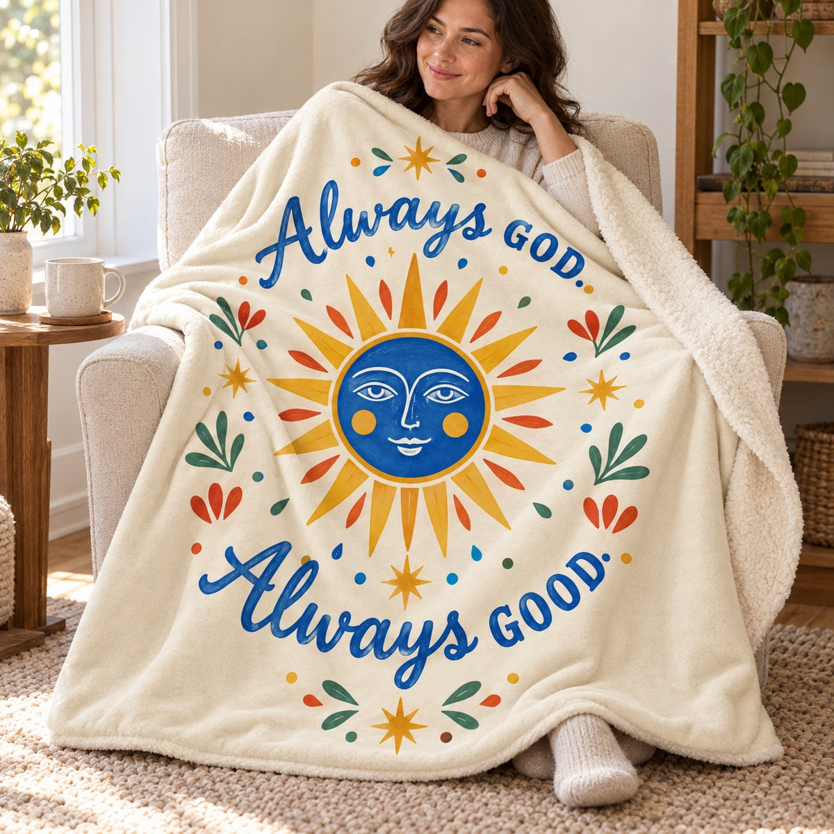 Always God. Always Good blanket, wrapped around a reader
