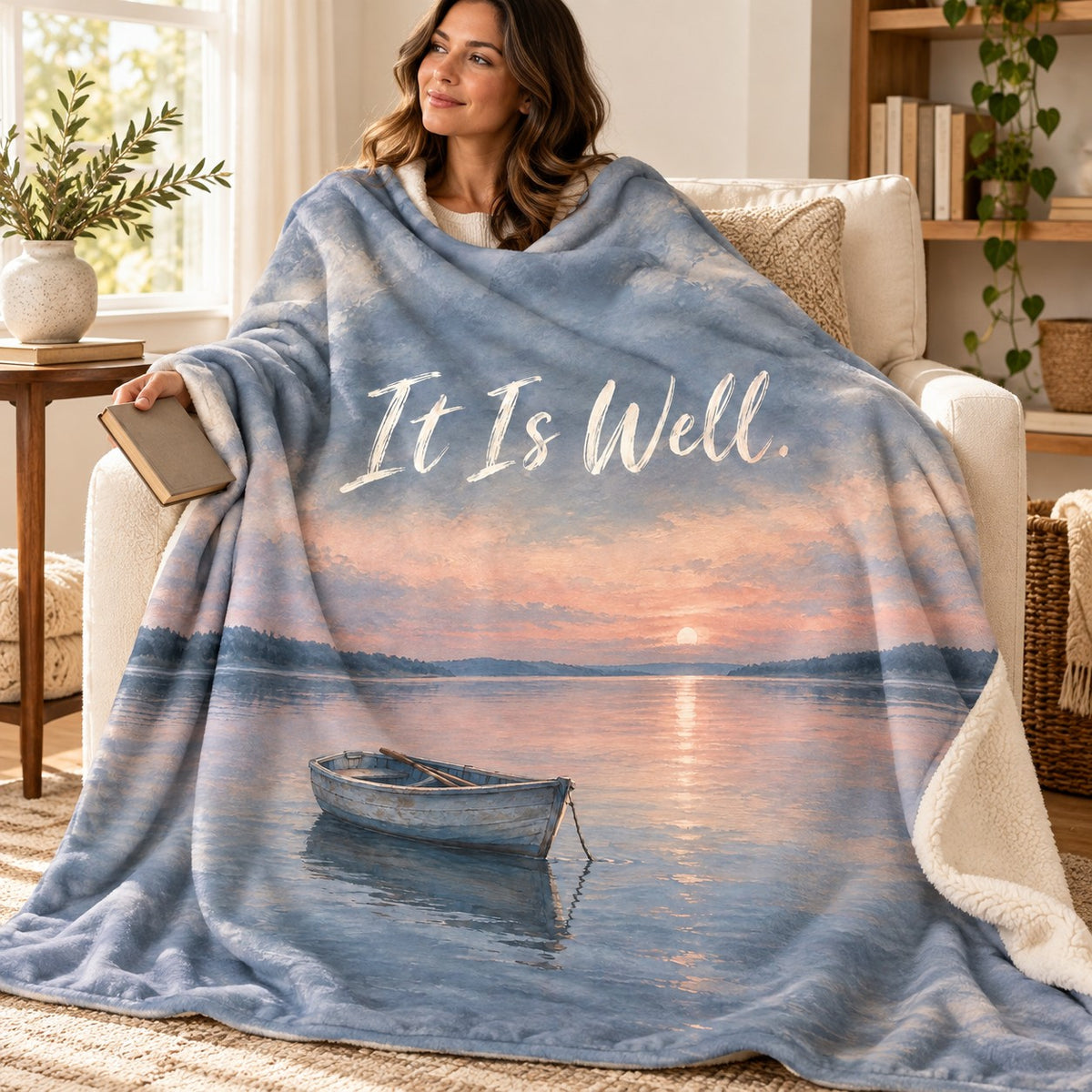 It Is Well blanket, wrapped around a reader